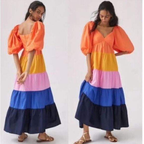 Farm Rio Anthropologie Women’s Size XS Tiered Color Block Maxi Dress Rainbow NWT - Picture 1 of 15